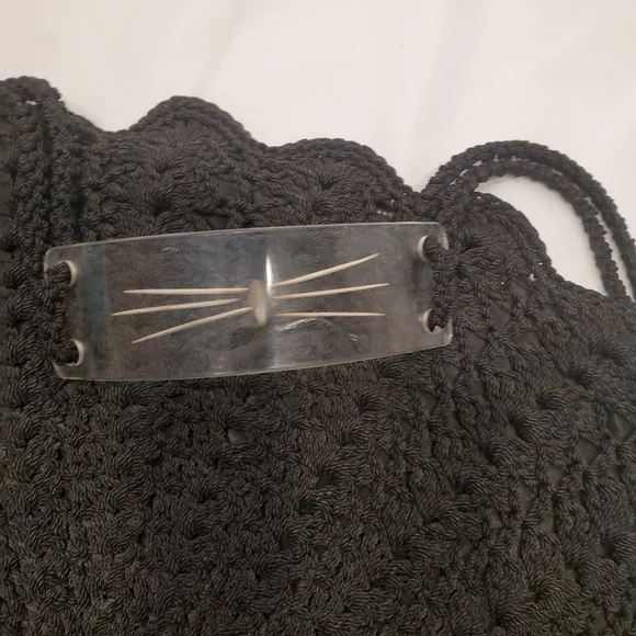 Vtg Black Goth Gothic Fan Shaped Crocheted Handbag w/Lucite Embellishment - Picture 2 of 6